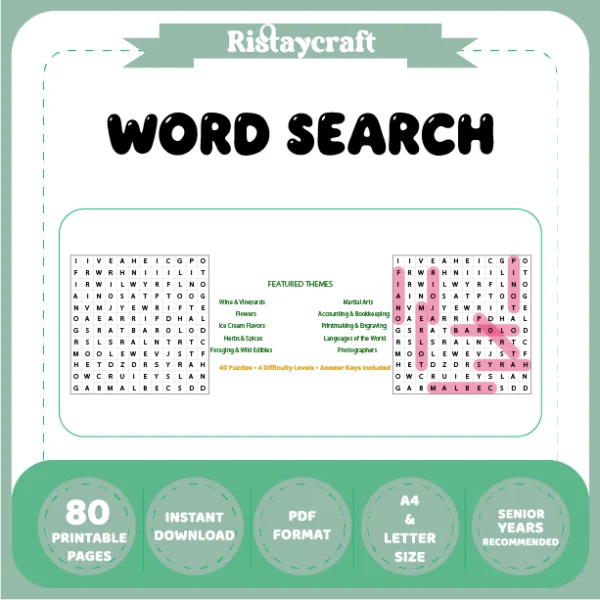 Word Search – Wine & Vineyards – Martial Arts – Themes