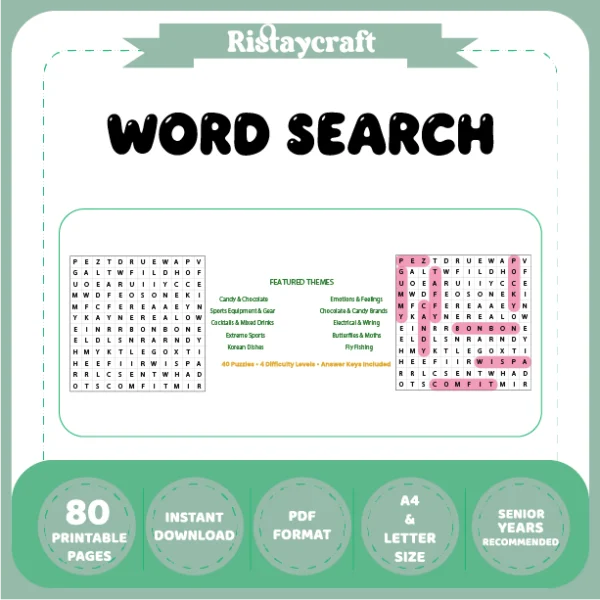 Word Search – Sports Equipment and Gear – Chocolate and Confectionery Brands – Themes