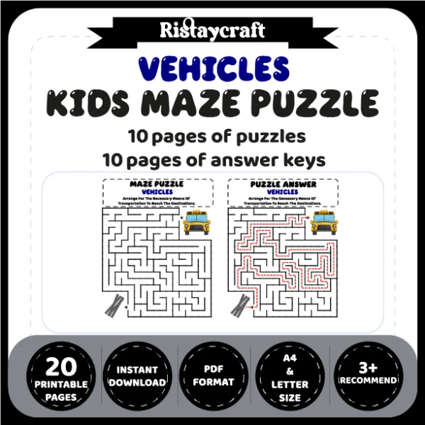 Vehicles Kids Maze Puzzle 10 Pages of Puzzles