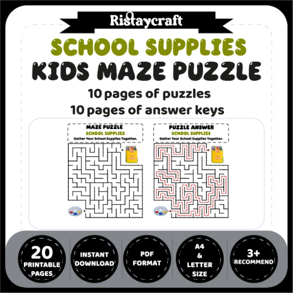 School Supplies Kids Maze Puzzle 10 Pages of Puzzles