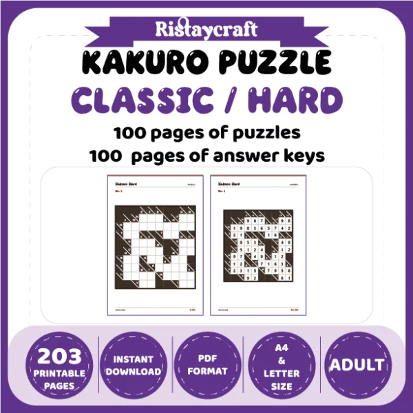 Kakuro Puzzle Classic Hard 100 Puzzle Pages + 100 Answer Key Pages