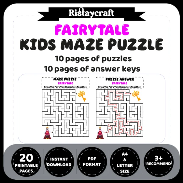 Fairytale Kids Maze Puzzle 10 Pages of Puzzles