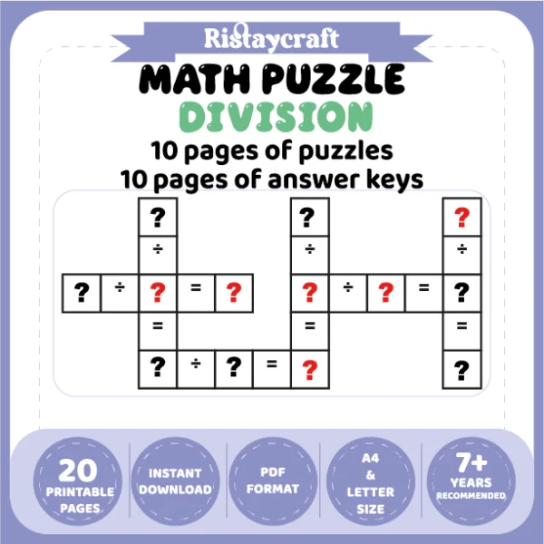 Math Puzzle Division 10 Puzzle Pages + 10 Answer Key Pages (Vol. 1)