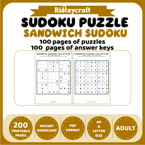 Suooku Puzzle Sandwich Sudoku 100 Puzzle Pages + 100 Answer Key Pages