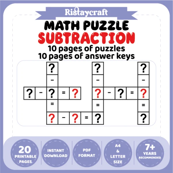 Math Puzzle Subtraction 10 Puzzle Pages + 10 Answer Key Pages (Vol. 9)