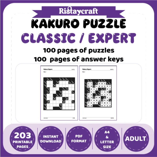 Kakuro Puzzle Classic Expert 100 Puzzle Pages + 100 Answer Key Pages