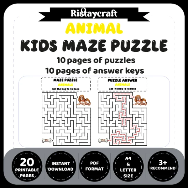 Animal Kids Maze Puzzle 10 Pages of Puzzles – Vol. 1