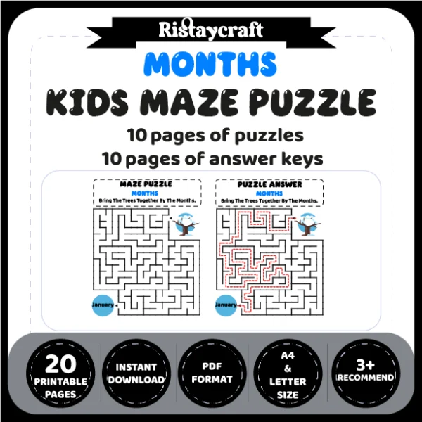 Months Kids Maze Puzzle 10 Pages of Puzzles
