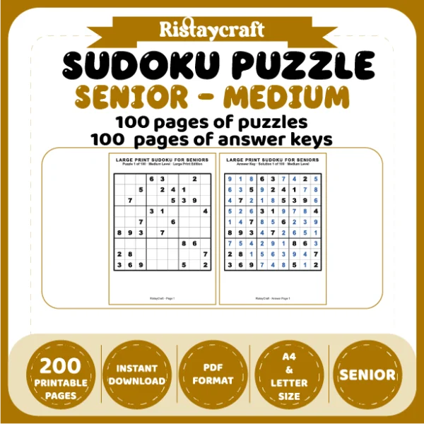 Sudoku Puzzle Senior – Medium 100 Puzzle Pages + 100 Answer Key Pages