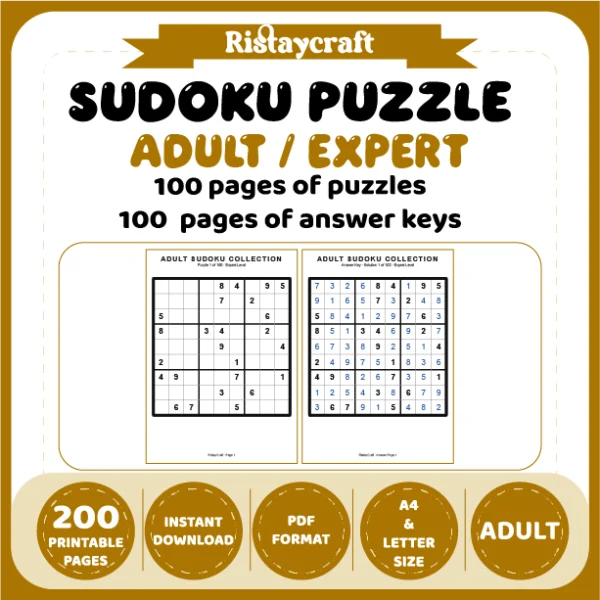Sudoku Puzzle Adult Expert 100 Puzzle Pages + 100 Answer Key Pages
