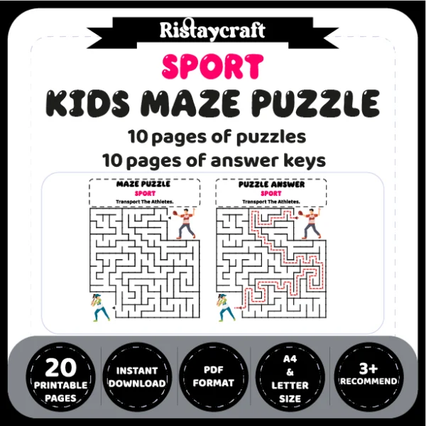 Sport Kids Maze Puzzle 10 Pages of Puzzles