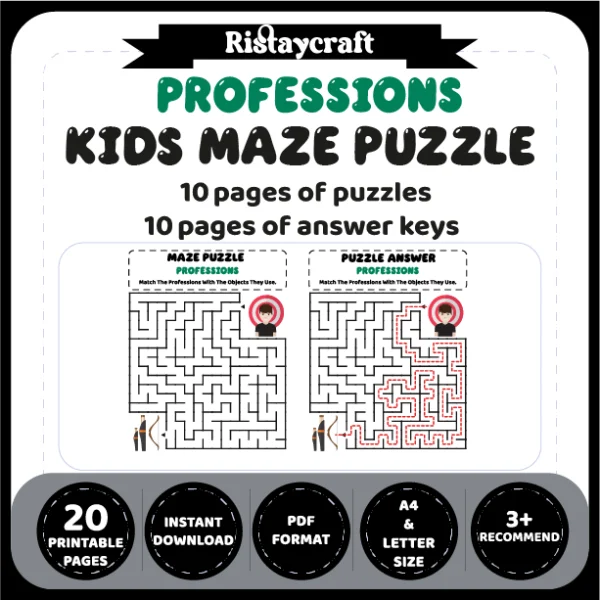 Professions Kids Maze Puzzle 10 Pages of Puzzles – Vol. 2