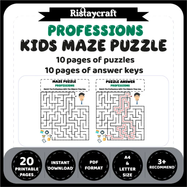 Professions Kids Maze Puzzle 10 Pages of Puzzles – Vol. 1