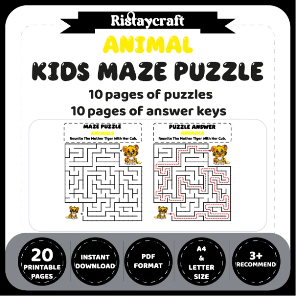 Mother and Baby Animal Kids Maze Puzzle 10 Pages of Puzzles