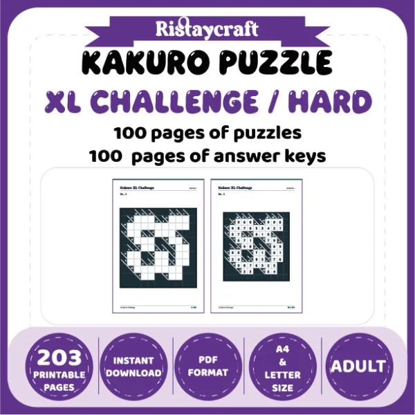 Kakuro Puzzle XL Challenge Hard 100 Puzzle Pages + 100 Answer Key Pages
