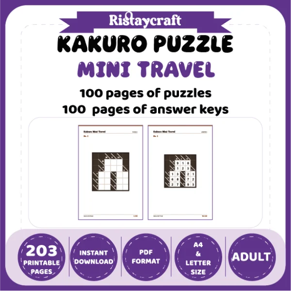 Kakuro Puzzle Mini Travel 100 Puzzle Pages + 100 Answer Key Pages
