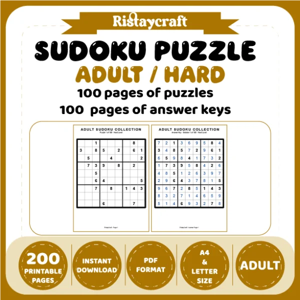 Sudoku Puzzle Adult Hard 100 Puzzle Pages + 100 Answer Key Pages
