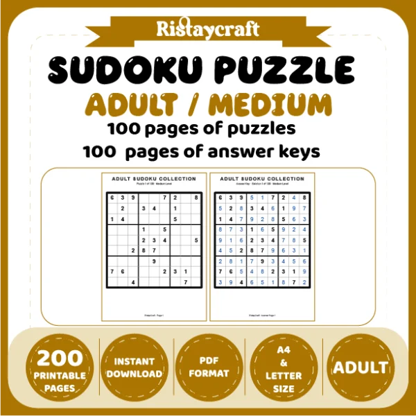 Sudoku Puzzle Adult Medium 100 Puzzle Pages + 100 Answer Key Pages