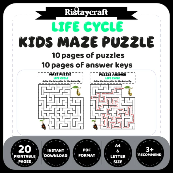 Life Cycle Kids Maze Puzzle 10 Pages of Puzzles