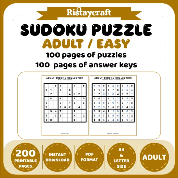 Sudoku Puzzle Adult Easy 100 Puzzle Pages + 100 Answer Key Pages