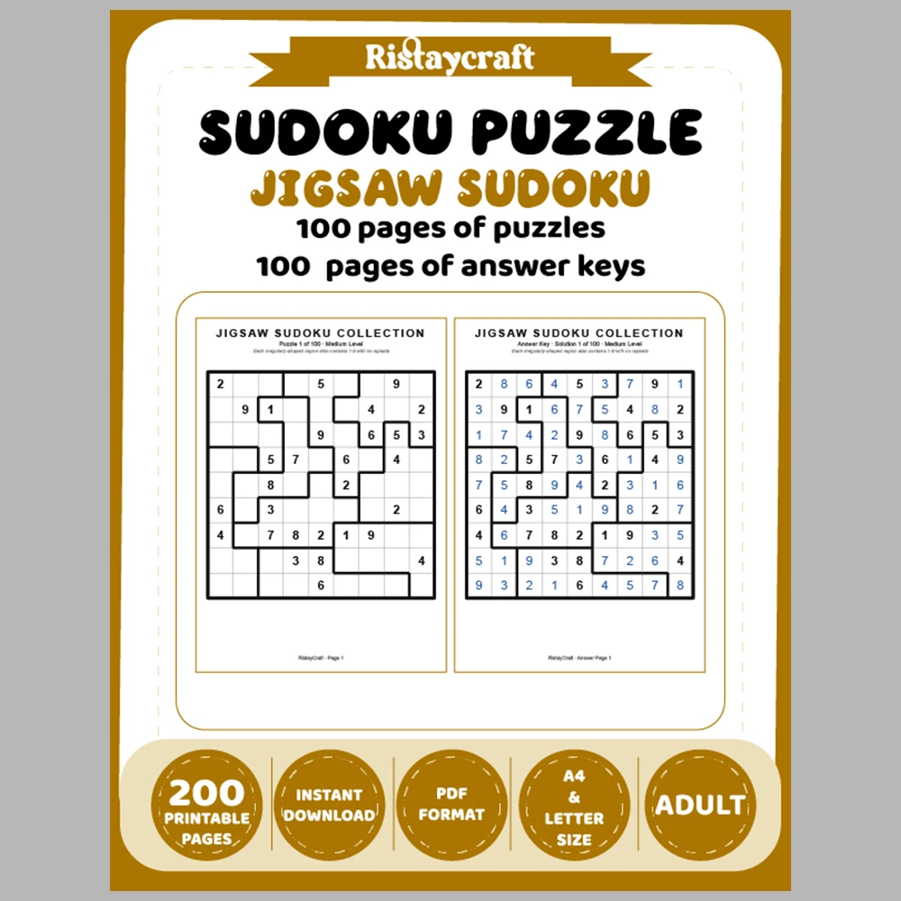 Sudoku Puzzle Jigsaw Sudoku 100 Puzzle Pages + 100 Answer Key Pages