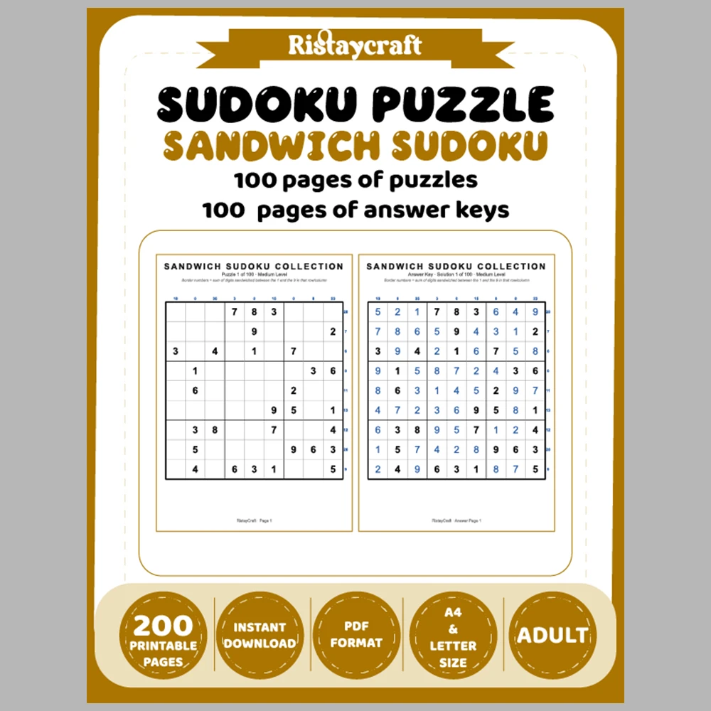 Suooku Puzzle Sandwich Sudoku 100 Puzzle Pages + 100 Answer Key Pages