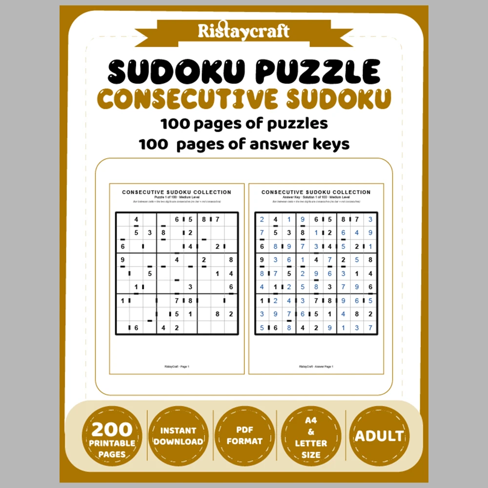 Sudoku Puzzle Consecutive Sudoku 100 Puzzle Pages + 100 Answer Key Pages