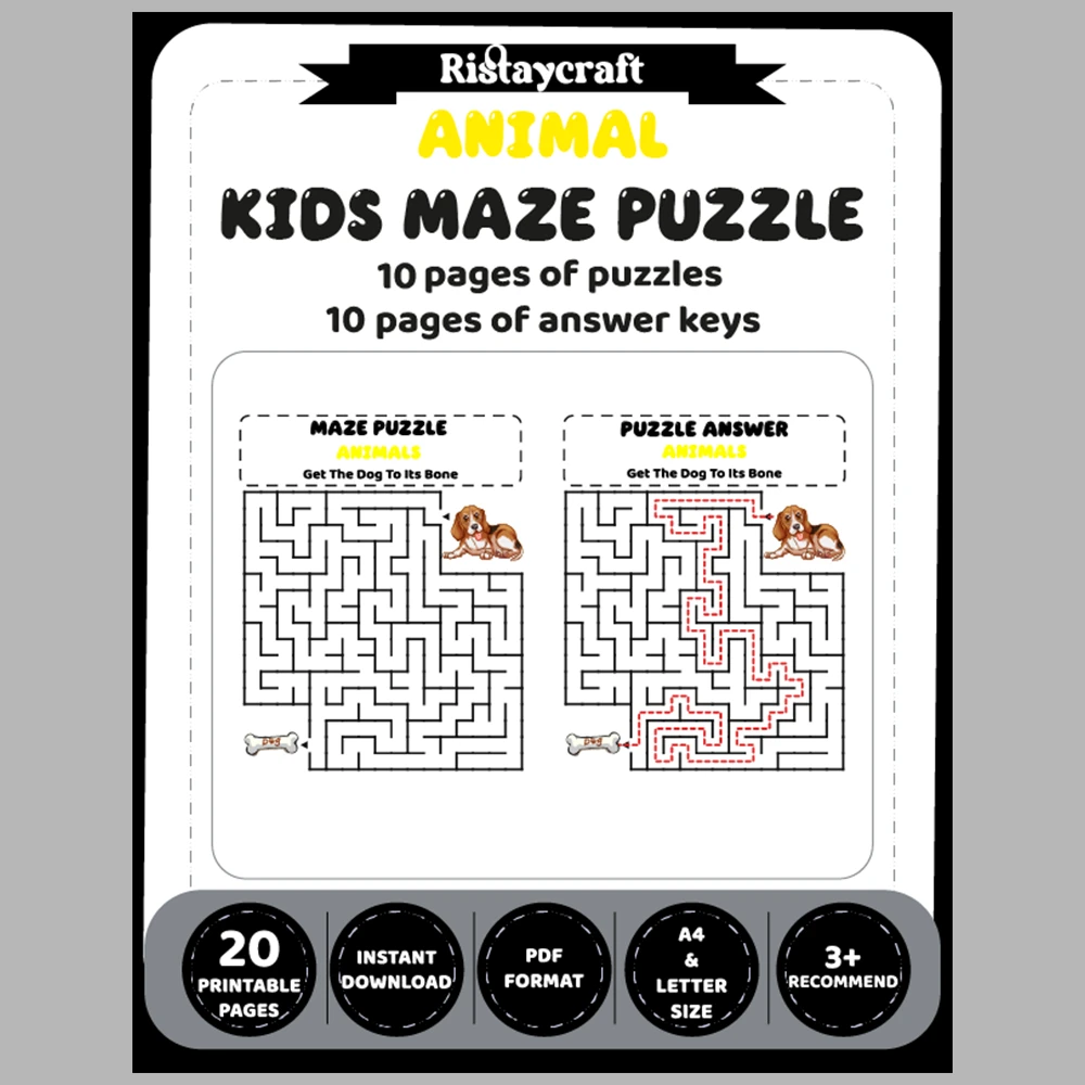 Animal Kids Maze Puzzle 10 Pages of Puzzles – Vol. 1