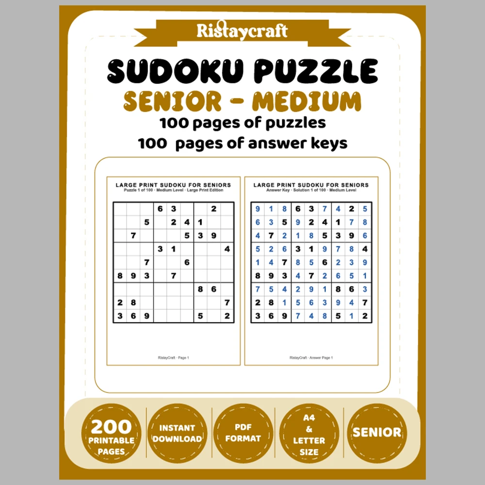 Sudoku Puzzle Senior – Medium 100 Puzzle Pages + 100 Answer Key Pages