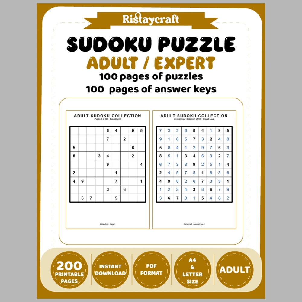 Sudoku Puzzle Adult Expert 100 Puzzle Pages + 100 Answer Key Pages
