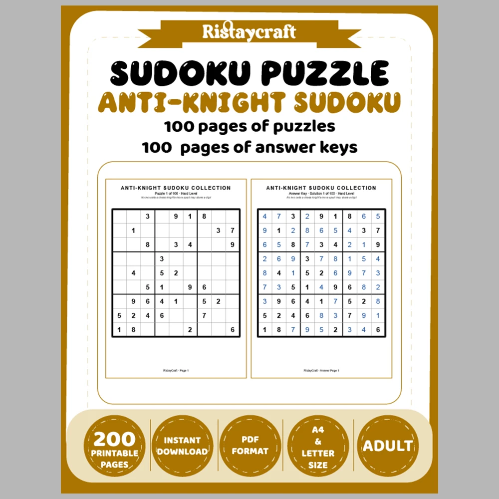 Sudoku Puzzle Anti-knight Sudoku 100 Puzzle Pages + 100 Answer Key Pages