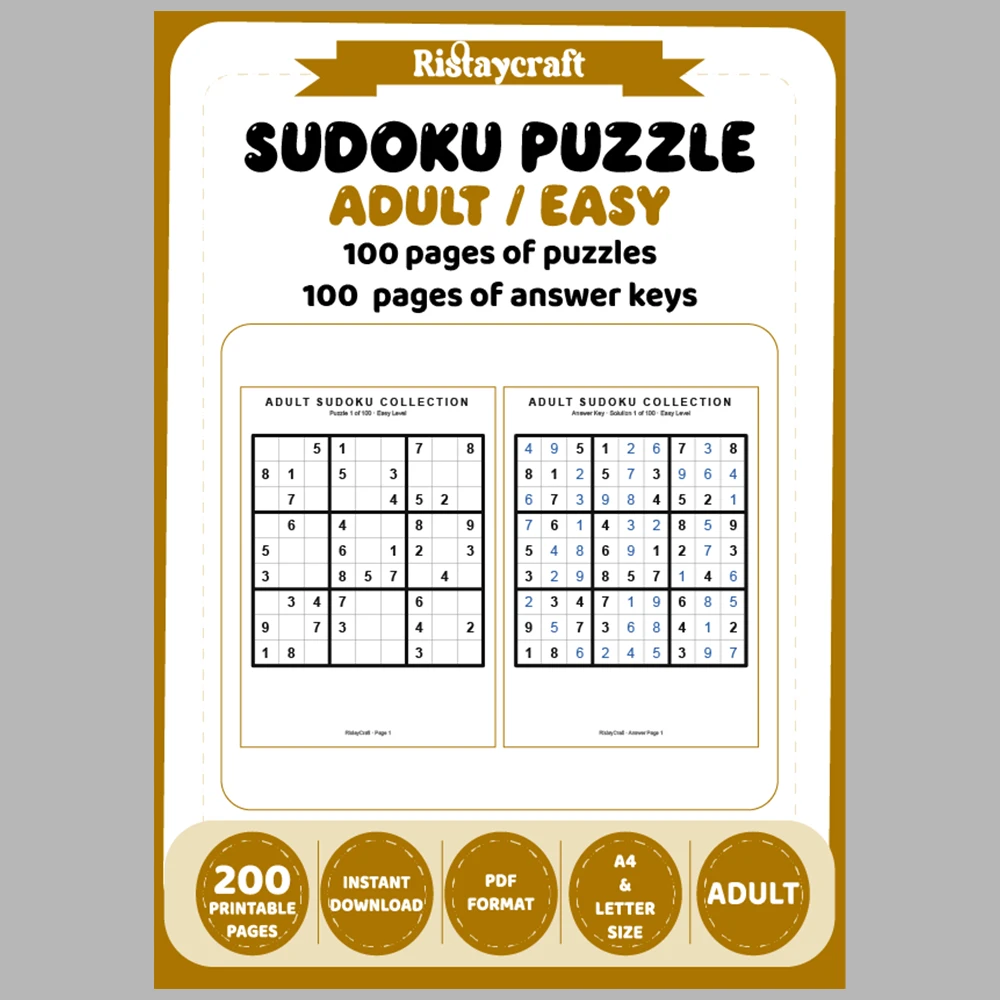 Sudoku Puzzle Adult Easy 100 Puzzle Pages + 100 Answer Key Pages
