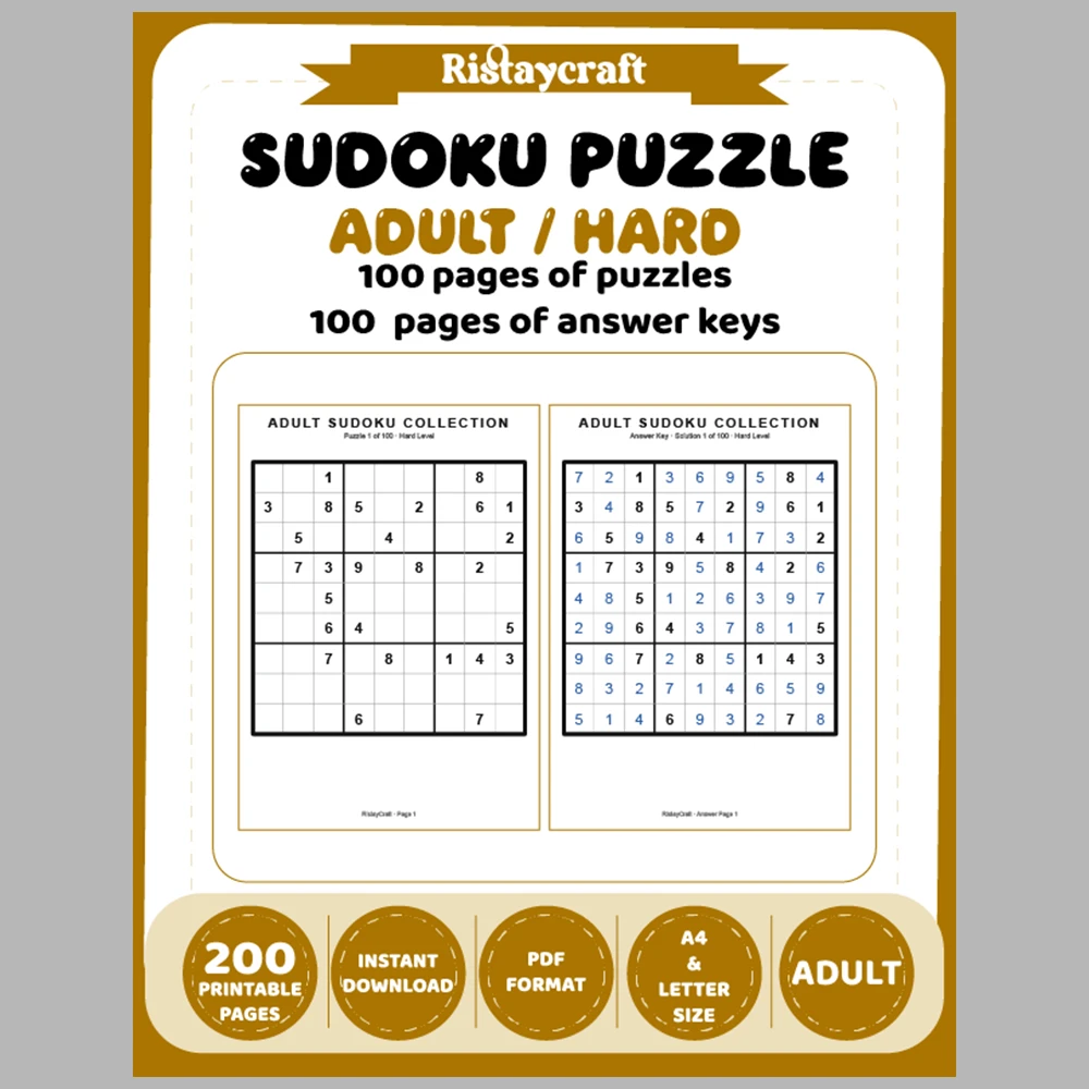 Sudoku Puzzle Adult Hard 100 Puzzle Pages + 100 Answer Key Pages