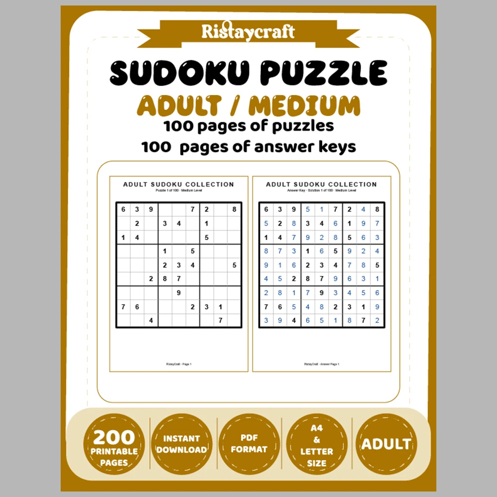 Sudoku Puzzle Adult Medium 100 Puzzle Pages + 100 Answer Key Pages