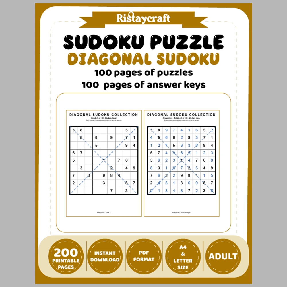Sudoku Puzzle Diagonal Sudoku 100 Puzzle Pages + 100 Answer Key Pages