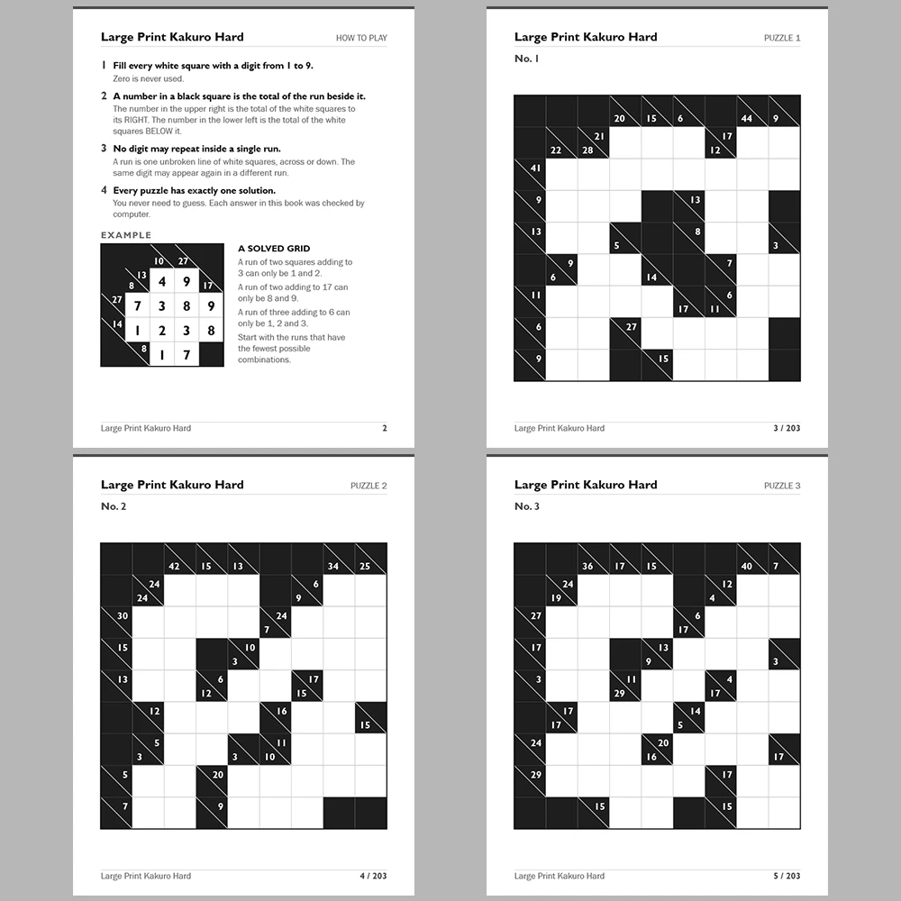 Kakuro Puzzle Large Print Hard 100 Puzzle Pages + 100 Answer Key Pages