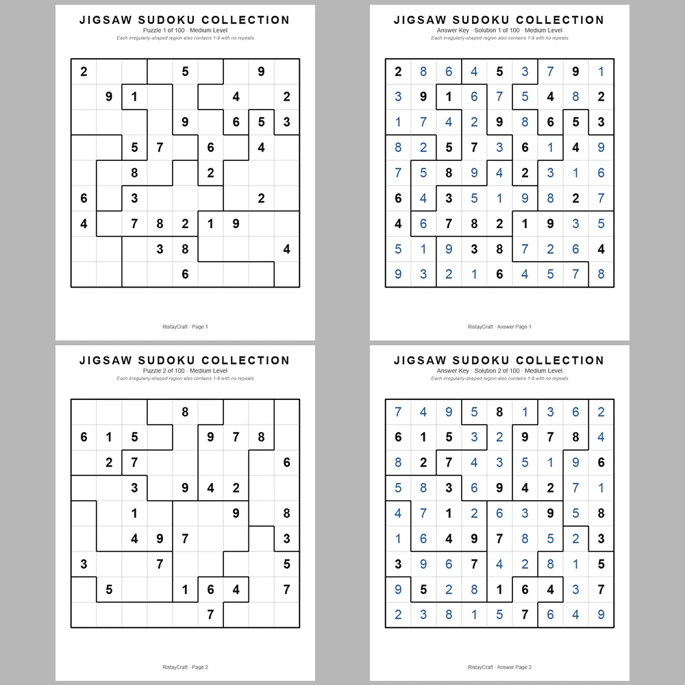 Sudoku Puzzle Jigsaw Sudoku 100 Puzzle Pages + 100 Answer Key Pages