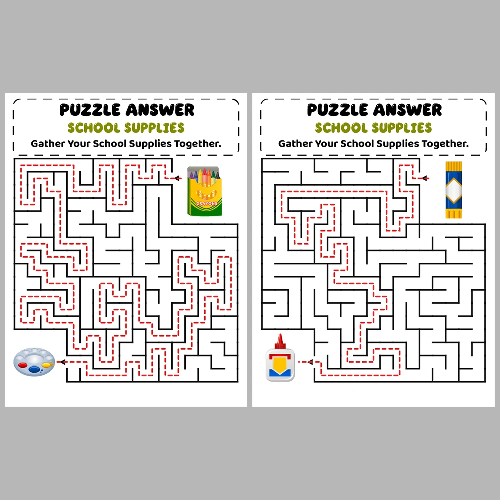 School Supplies Kids Maze Puzzle 10 Pages of Puzzles