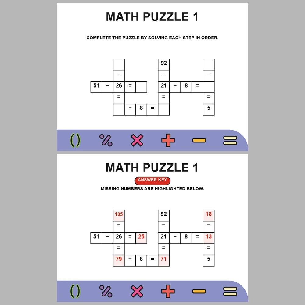 Math Puzzle Subtraction 10 Puzzle Pages + 10 Answer Key Pages (Vol. 2)
