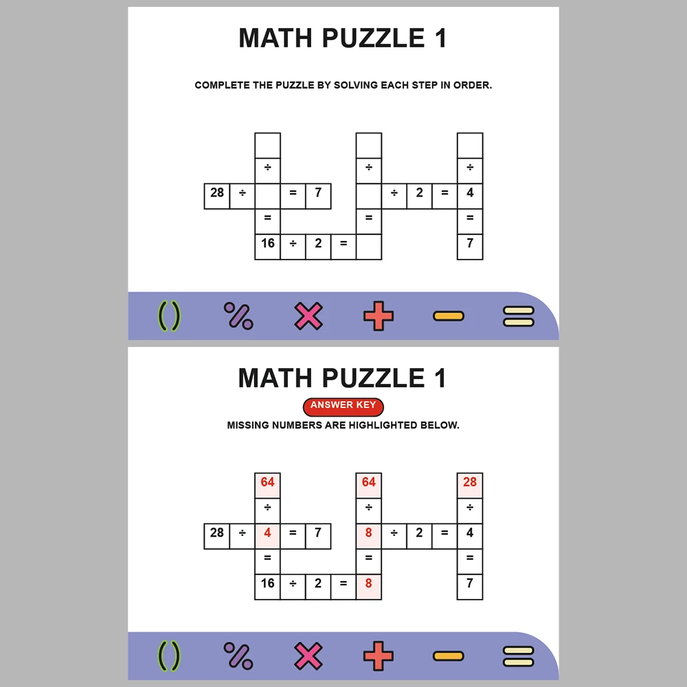 Math Puzzle Division 10 Puzzle Pages + 10 Answer Key Pages (Vol. 2)