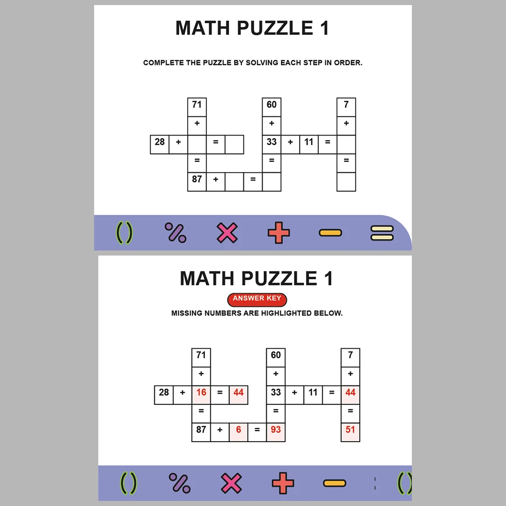 Math Puzzle Addition 10 Puzzle Pages + 10 Answer Key Pages (Vol. 1)