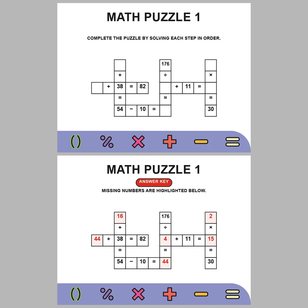 Math Puzzle Four Operations 10 Puzzle Pages + 10 Answer Key Pages (Vol. 13)
