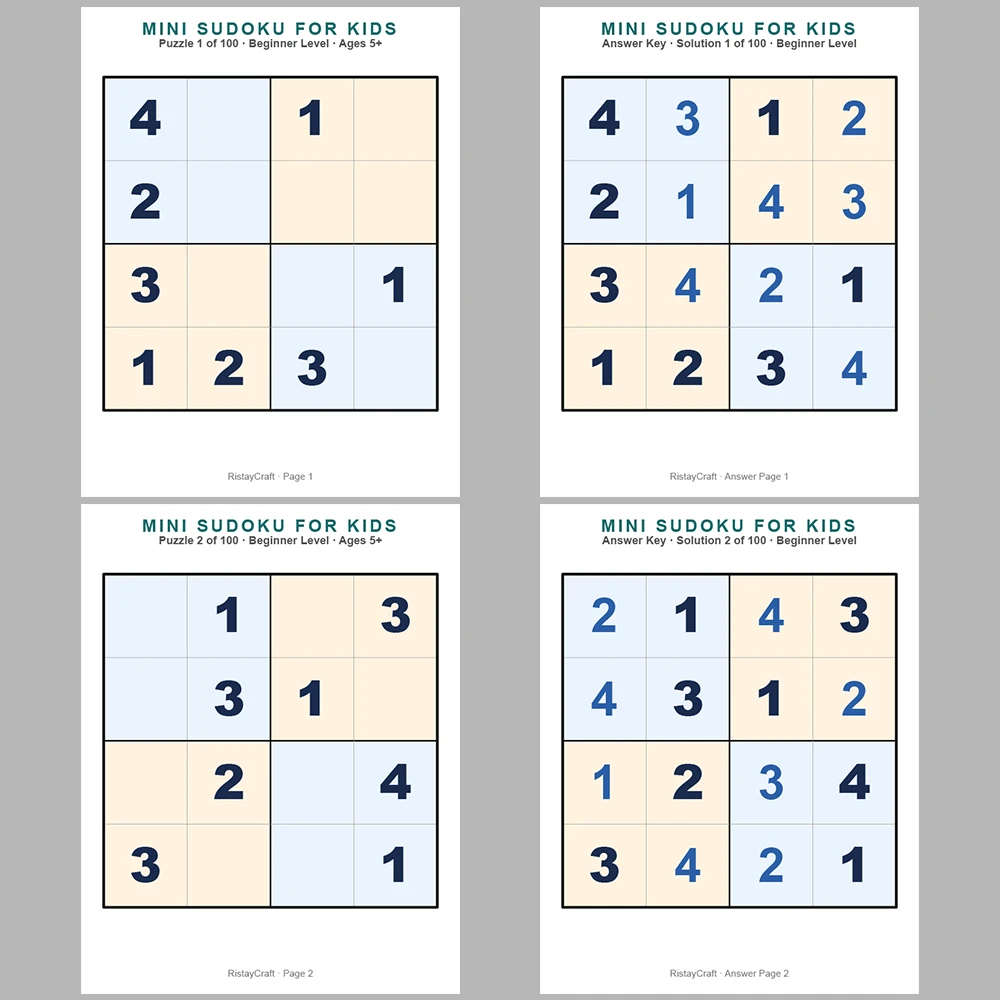 Mini Sudoku Puzzle for Kids 100 Puzzle Pages + 100 Answer Key Pages