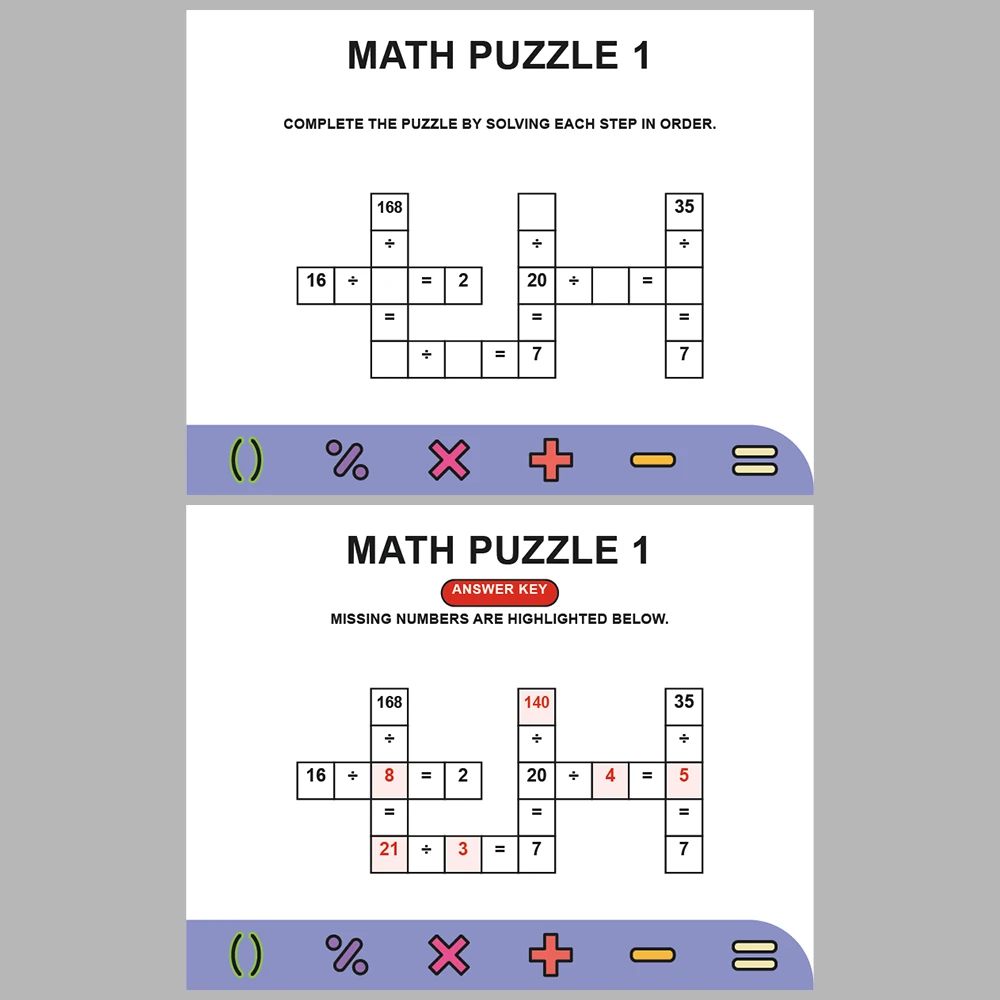 Math Puzzle Division 10 Puzzle Pages + 10 Answer Key Pages (Vol. 1)