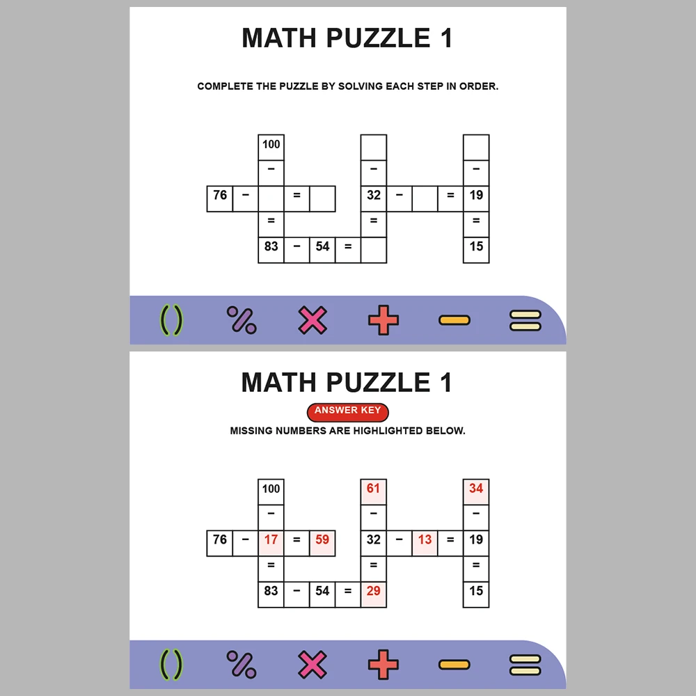 Math Puzzle Subtraction 10 Puzzle Pages + 10 Answer Key Pages (Vol. 8)