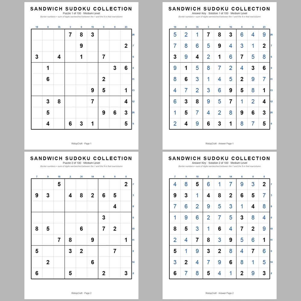 Suooku Puzzle Sandwich Sudoku 100 Puzzle Pages + 100 Answer Key Pages