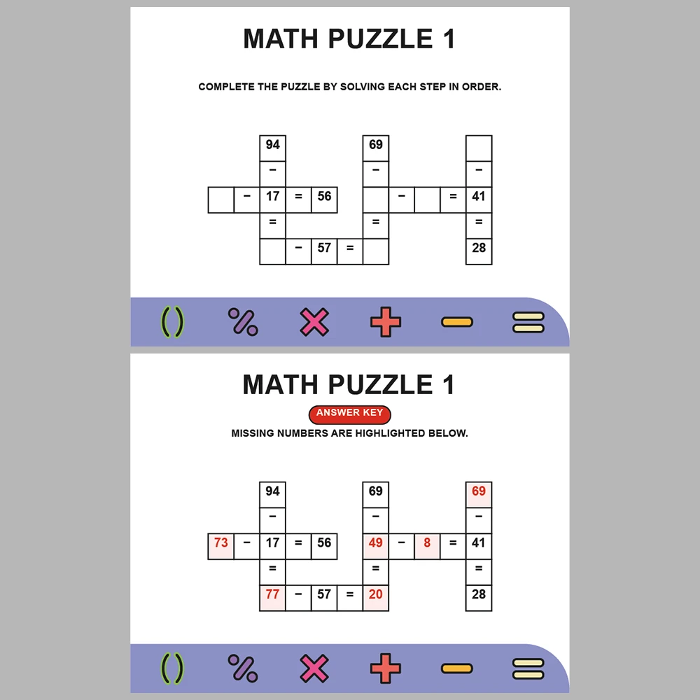 Math Puzzle Subtraction 10 Puzzle Pages + 10 Answer Key Pages (Vol. 9)