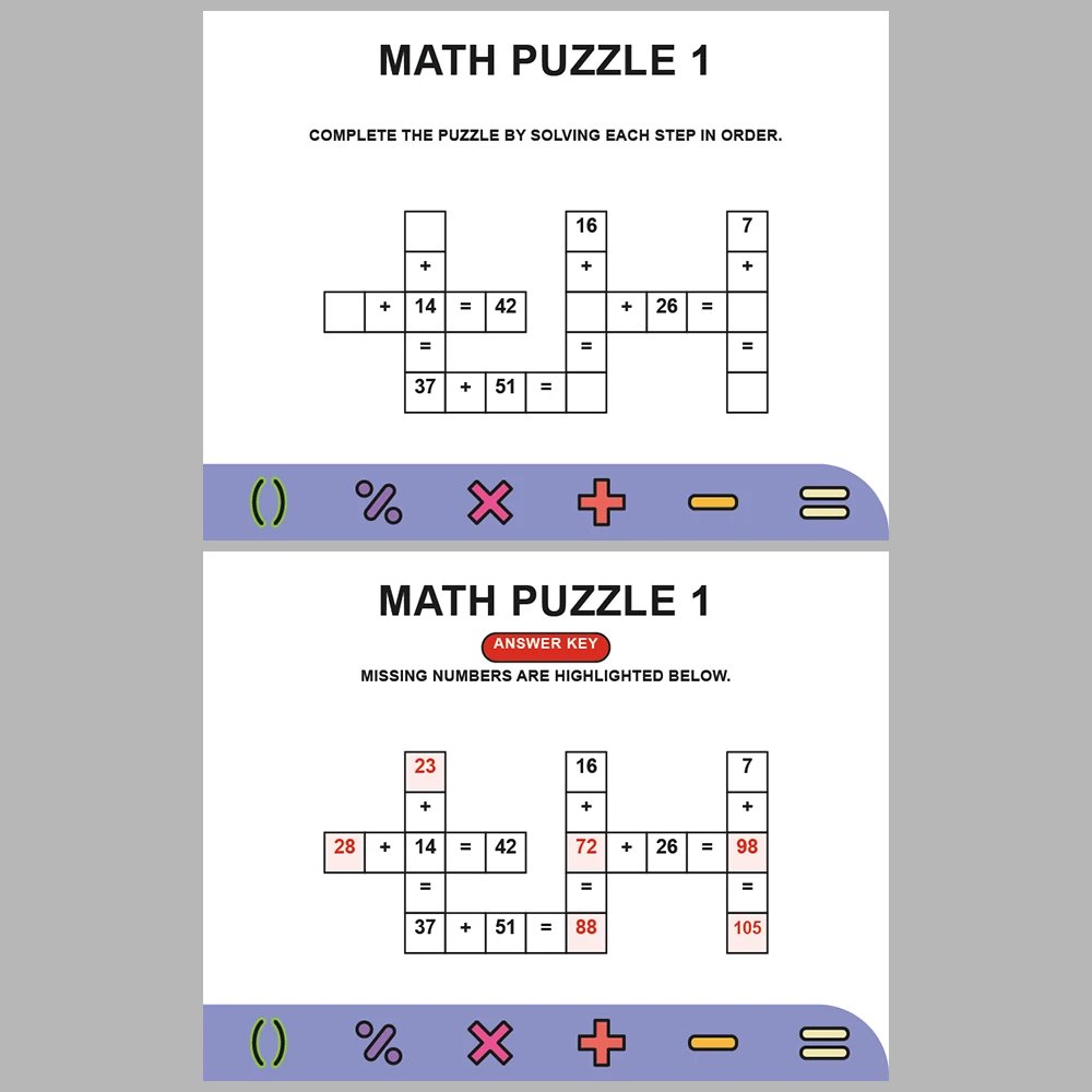 Math Puzzle Addition 10 Puzzle Pages + 10 Answer Key Pages (Vol. 8)