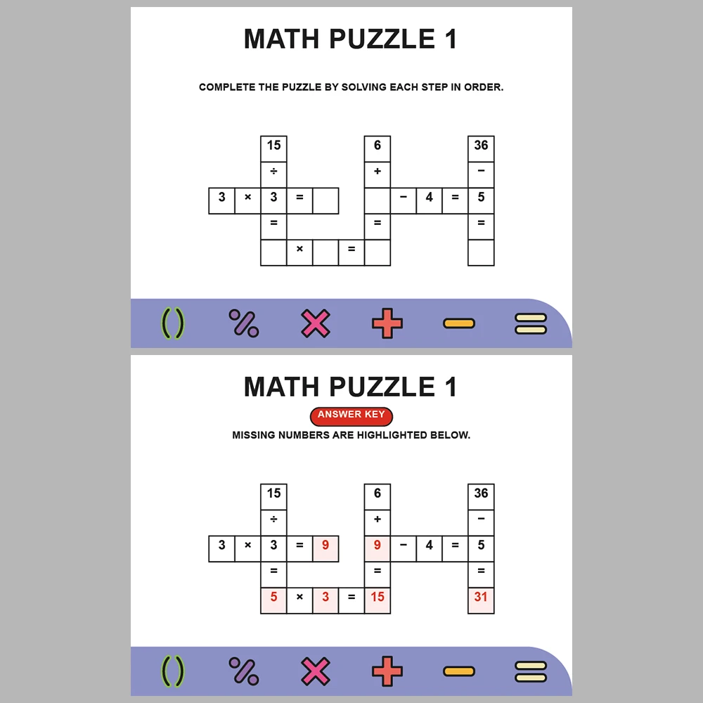 Math Puzzle Four Operations 10 Puzzle Pages + 10 Answer Key Pages (Vol. 8)