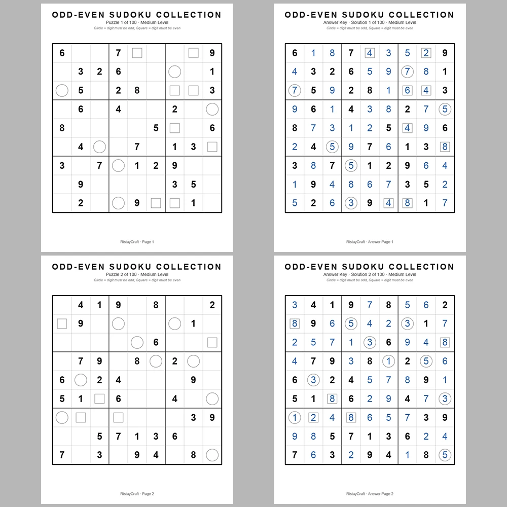 Sudoku Puzzle Odd-even Sudoku 100 Puzzle Pages + 100 Answer Key Pages